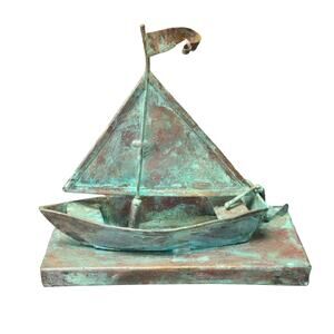 Vintage Copper Brass Tone Metal Sailboat w. Movable Sail Nautical Ship Boat Sea
